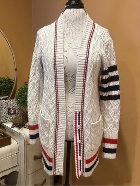 Thom Browne cream cable knit stripe cardigan sweater